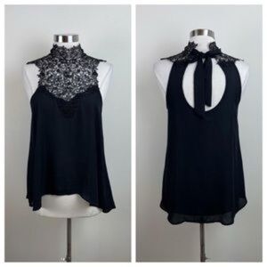 Nella Fantasia High Neck Crochet Lace Tie Back Sleeveless Blouse Black Size M‌‌‌
